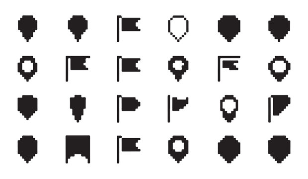 Pixel art location marker and flag navigation icon set for map travel adventure and ui gaming interface vector.