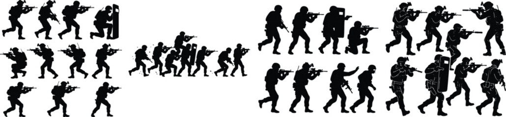 Fototapeta premium A collection of eight special forces silhouettes shown running, aiming rifles, holding a ballistic shield, and moving tactically in a clean flat , vector isolated on white