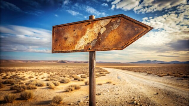 A rusty blank arrow sign stands in desolate silence before a parched earth landscape hinting at longabandoned dreams