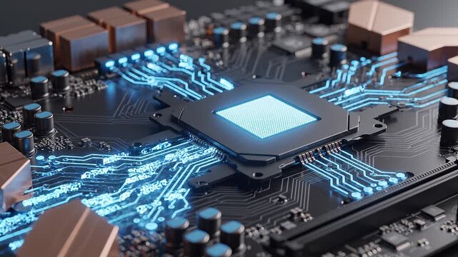 High performance computer processor chip on a motherboard with glowing blue circuit board pathways.