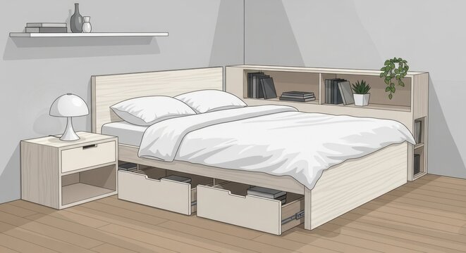 Modern bedroom with storage bed and nightstand.