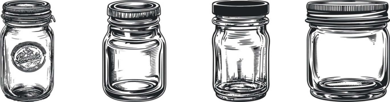 A collection of four vintage glass jars showcasing various designs and lids. Each jar features a distinct style,