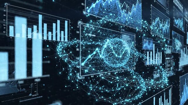 Abstract digital background with glowing blue financial charts and data visualization elements.