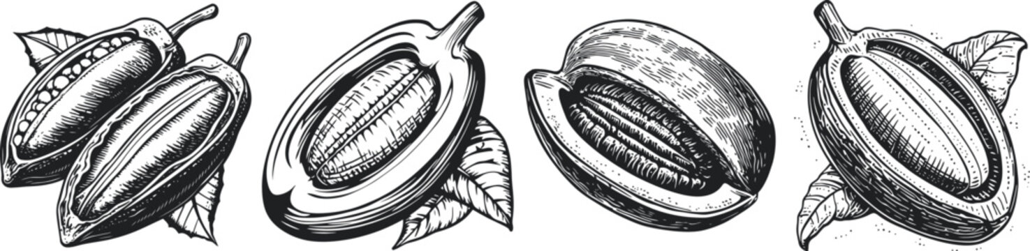 Detailed illustration of cacao pods and beans, showcasing their intricate textures and unique shapes, surrounded by