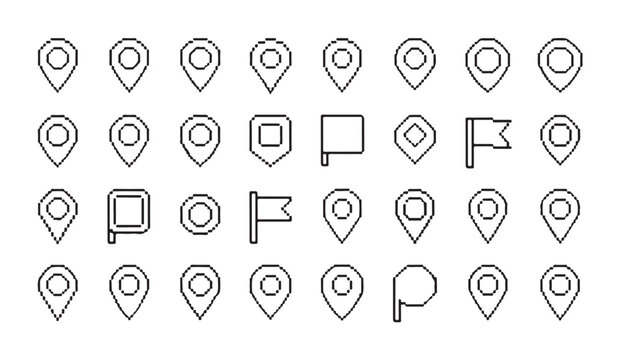 Pixel art map location pins collection with multiple outline marker designs for digital cartography vector.