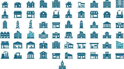 Architecture and city building glyph icon set featuring houses skyscrapers factories schools hospitals and municipal real estate vectors © Afroja