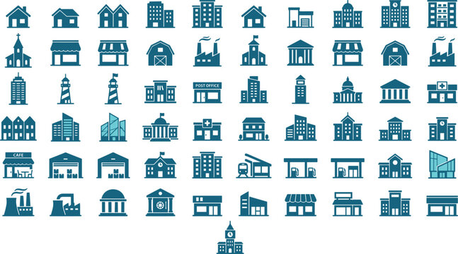 Architecture and city building glyph icon set featuring houses skyscrapers factories schools hospitals and municipal real estate vectors