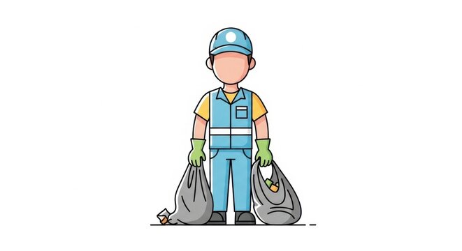 Cartoon sanitation worker holding garbage bags.