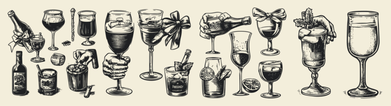 This image showcases a diverse collection of glassware and bottles with different alcoholic beverages, ideal for
