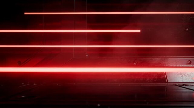 Futuristic glowing red neon lights in a dark industrial space with smoke and reflections