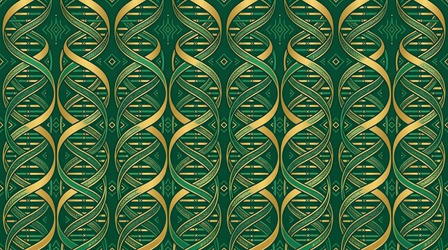 Ornate double helix dna pattern with golden geometric details