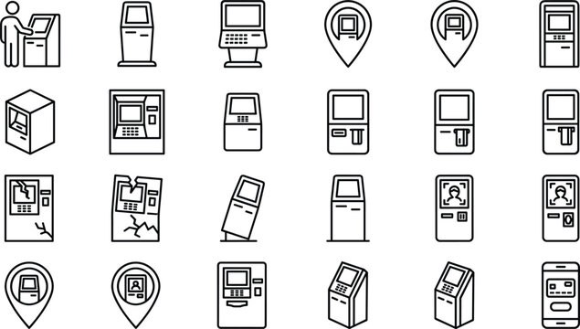 Automated teller machine and banking self service kiosk line icons set showing broken atm terminal location pointer navigation and mobile payment