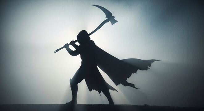 Mysterious Grim Reaper Silhouette with Scythe in Foggy Myst