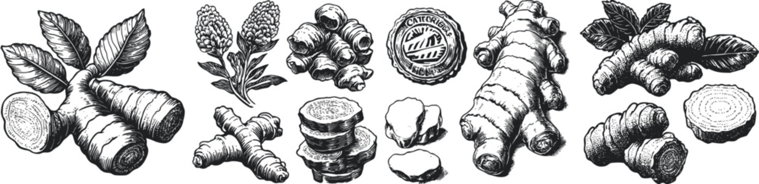Detailed hand-drawn sketches of ginger root and herbal slices, showcasing botanical details, ideal for herbal medicine,