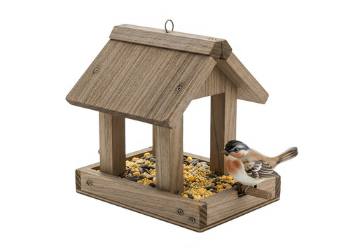 Rustic wooden bird feeder with small songbird perched on the edge, natural cedar wood birdhouse filled with mixed seeds and grains, traditional garden bird sanctuary isolated on white