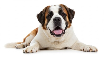Obraz premium A Gentle Giant: A happy and friendly Saint Bernard dog lies on a white background, panting with its tongue out, looking directly at the camera.