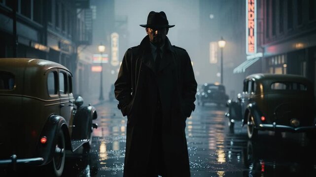 Mysterious man in vintage trench coat and hat walking on rainy noir city street at night