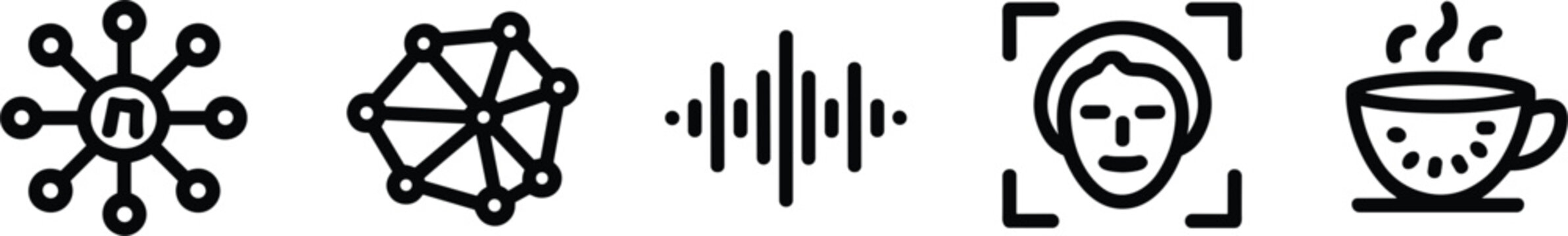 Artificial intelligence neural network biometric facial recognition and voice wave line icons set for tech lifestyle