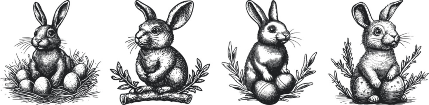 A set of four vintage hand-drawn sketches featuring rabbits in different natural poses with grass and nest scenes,