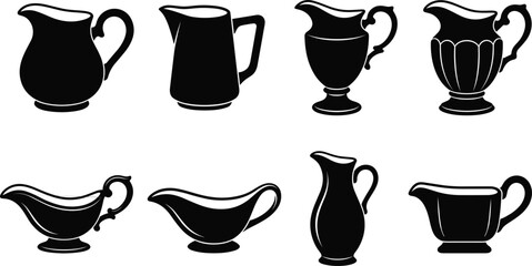 Fototapeta premium Ceramic milk pitcher and gravy boat silhouette icon collection with classic vintage and modern creamer jug shapes