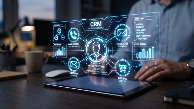 Businessman using a tablet with a glowing holographic CRM dashboard showing an active customer profile, analytics, and sales data