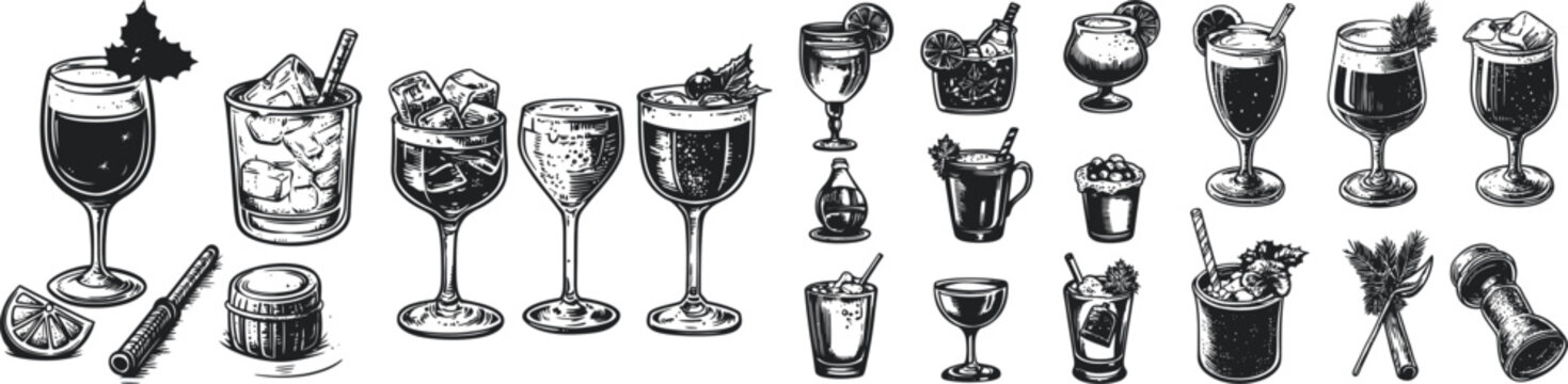A collection of vintage-style cocktail illustrations showcasing various refreshing beverages, perfect for inspiring
