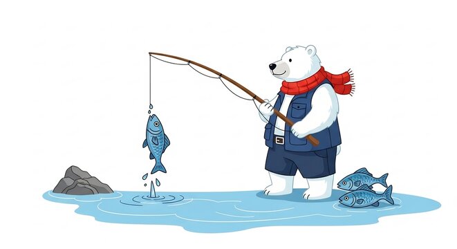 Polar Bear Fishing Trip: A charming polar bear dressed in a vest and scarf successfully fishes for a blue fish in a calm body of water, with other fish swimming nearby.