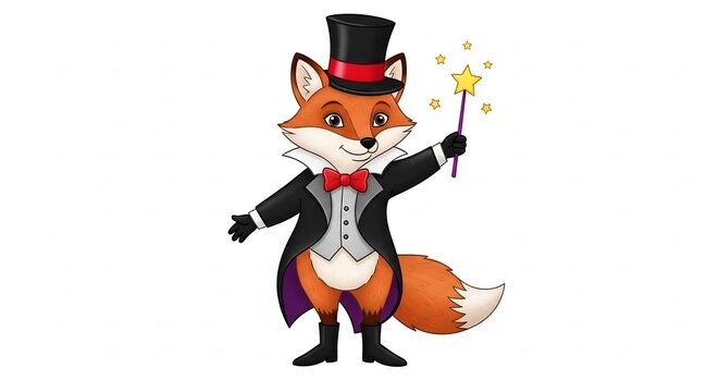 Whimsical Fox Magician: A charming fox dressed as a magician, complete with a top hat, tuxedo, and bow tie, holds a magic wand with a star, ready to cast a spell.