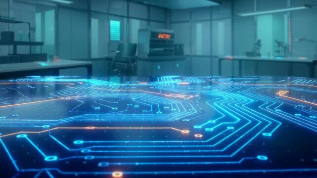 Futuristic digital circuit board with glowing blue and orange lines in modern high tech laboratory environment