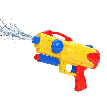 Colorful plastic water gun toy shooting a stream of water isolated on transparent background