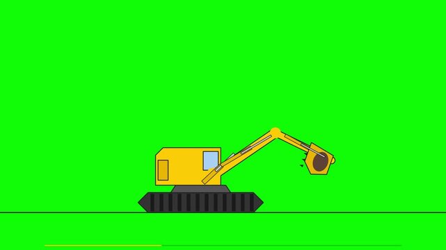 Yellow Excavator Digging 2D Animation on Green Screen Background