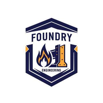 Professional foundry engineering company logo with flame and industrial structure icon.