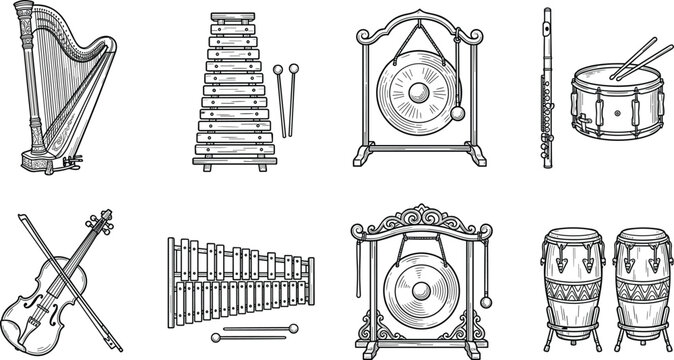 Classical orchestra and ethnic percussion musical instruments hand drawn collection featuring harp violin xylophone gong flute and conga drums