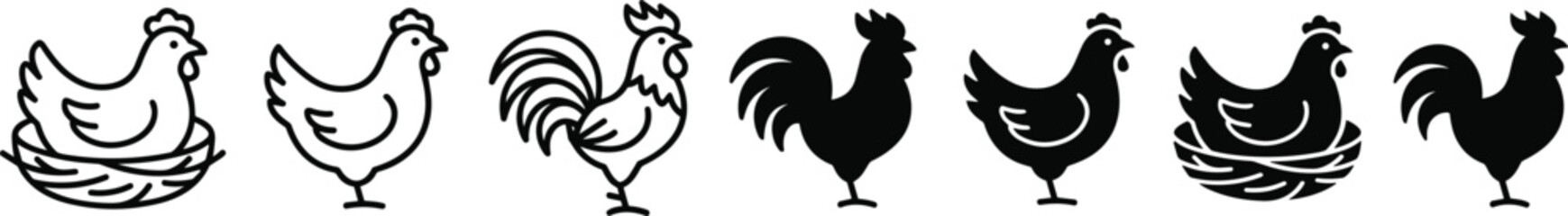 Chicken hen and rooster line art silhouette icon set vector illustration poultry farm collection design project.eps © MdAzahar