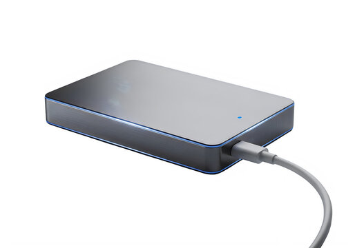 Portable external hard drive with sleek metallic finish and blue LED indicator light, high-speed USB-C data cable connected to a compact silver SSD storage device for computer backup and file