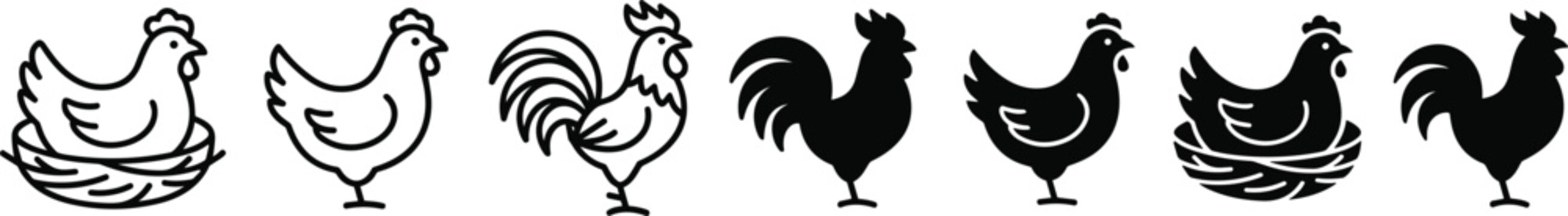 Chicken hen and rooster line art silhouette icon set vector illustration poultry farm collection design project.eps