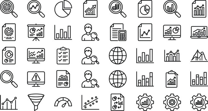 Business data analytics icon set with financial charts graphs bar statistics report diagram and marketing funnel