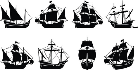 Black Vintage Sailing Ship Silhouette Vector Icon Set with Historic Wooden Pirate Vessels on White Background © Taijul