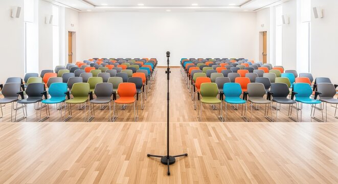 A brightly lit modern community hall features rows of stylish chairs facing a wooden stage with a microphone stand for public discourse, social, wooden, airy