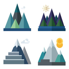 Fototapeta premium Flat design mountain landscape vector set with sun and clouds for outdoor adventure and travel themes