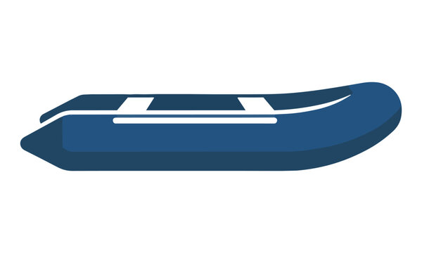 Side profile view of a streamlined inflatable raft with rounded pontoons in a minimalist blue and white design isolated on white background travel concept