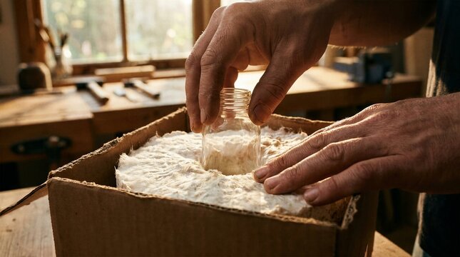 Close up of male hands placing glass jar inside corrugated box using natural biodegradable mycelium insert for environmentally conscious product shipping and sustainable business practices