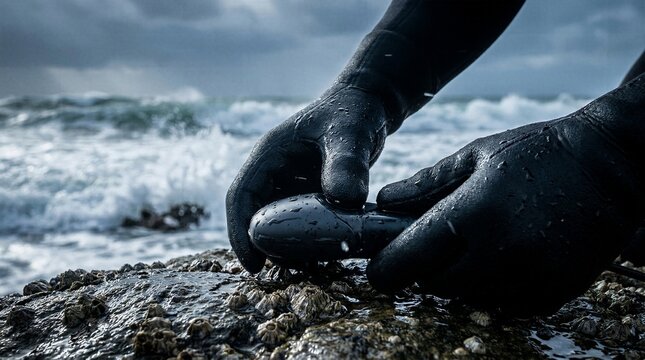 Researcher hands in black neoprene gloves installing dark waterproof environmental sensor on rocky shore covered with barnacles against crashing ocean waves for marine climate monitoring