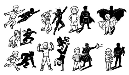 Collection of black outline children in action poses transforming into superhero silhouettes including flying, ninja, and strong muscular characters