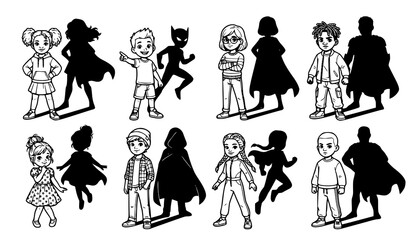 Set of black outline children characters with superhero silhouette shadows showing kids imagining themselves as caped crusaders and flying heroes