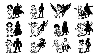 Illustrated set of twelve black outline diverse children with superhero and villain silhouette shadows including princess, angel, and flame powers © Abddulah