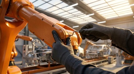 Naklejka premium Factory technician wearing protective gloves repairing orange industrial robotic arm with hex key inside modern automotive manufacturing plant with car chassis assembly line