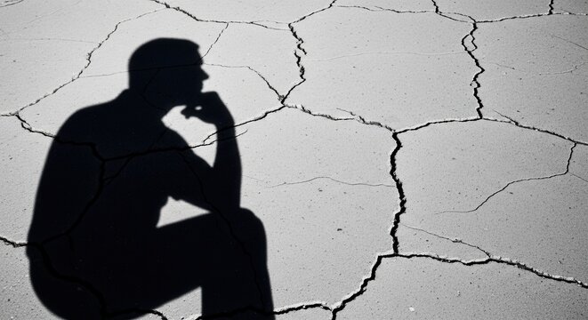 Silhouette of a pensive man sitting against a cracked dry earth background.