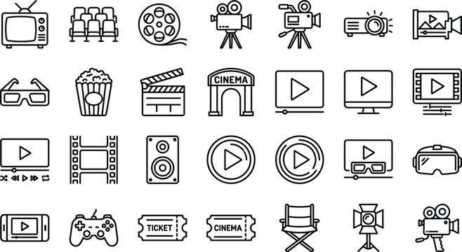 Cinema and entertainment multimedia line icon set featuring movie production equipment theater seating popcorn clapperboards and video playback vectors