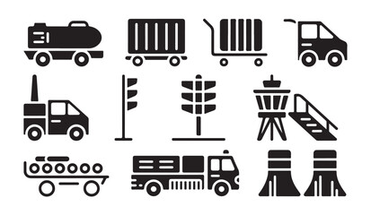 Fototapeta premium Airport ground support equipment silhouette icons including fuel tankers and baggage carts for operations.